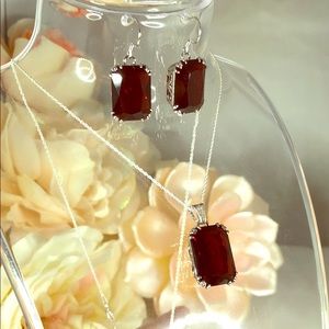 Silver Simulated Garnet Ring Necklace Earrings Set
